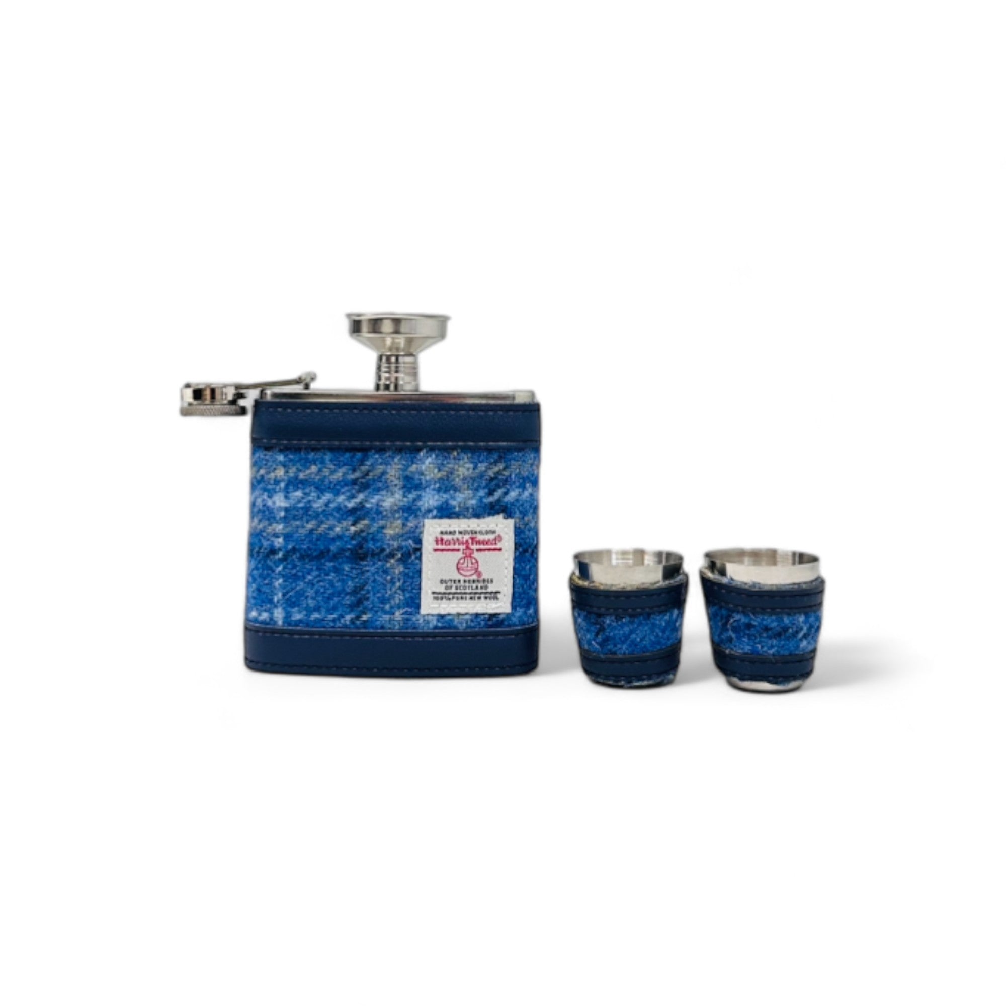 Harris Tweed Hunting Hip Flask - Light Blue Check - 6oz