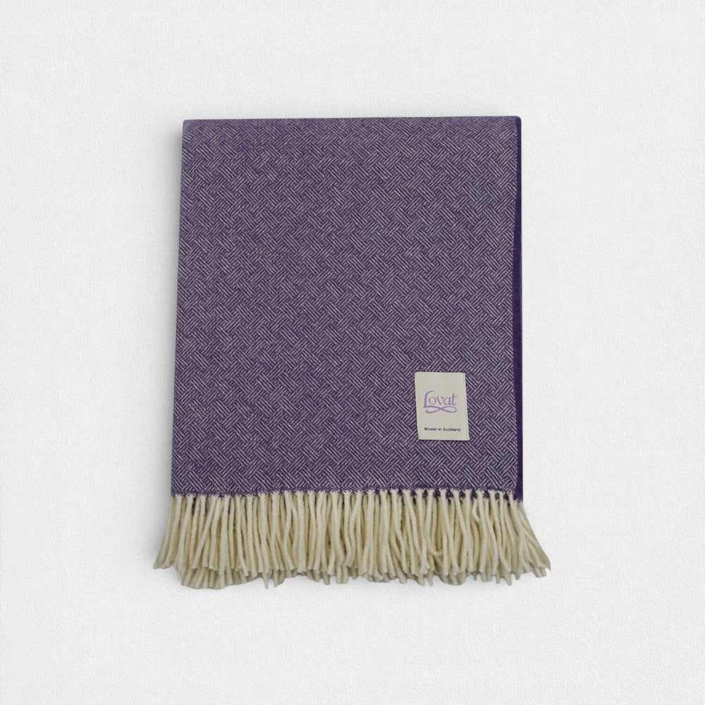 100% Lambswool Diamond Border Blanket -  Heather Purple