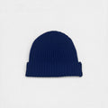 Navy blue 100% cashmere ribbed beanie with a clean, minimalist silhouette.