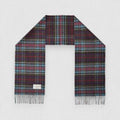 A checkered scarf called Anderson Tartan with shades of blue, green, ivory, with accents of red and yellow, laid out flat.