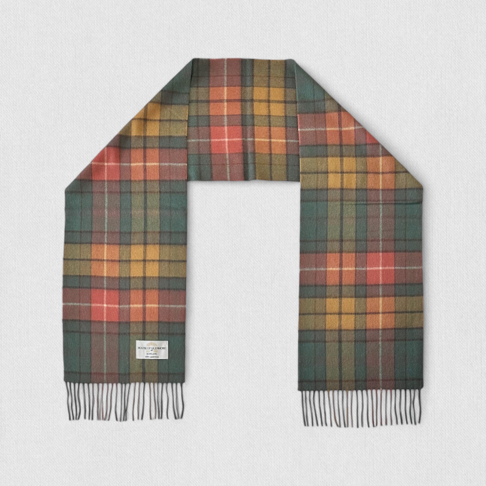 Antique buchanan tartan scarf on a light gray background