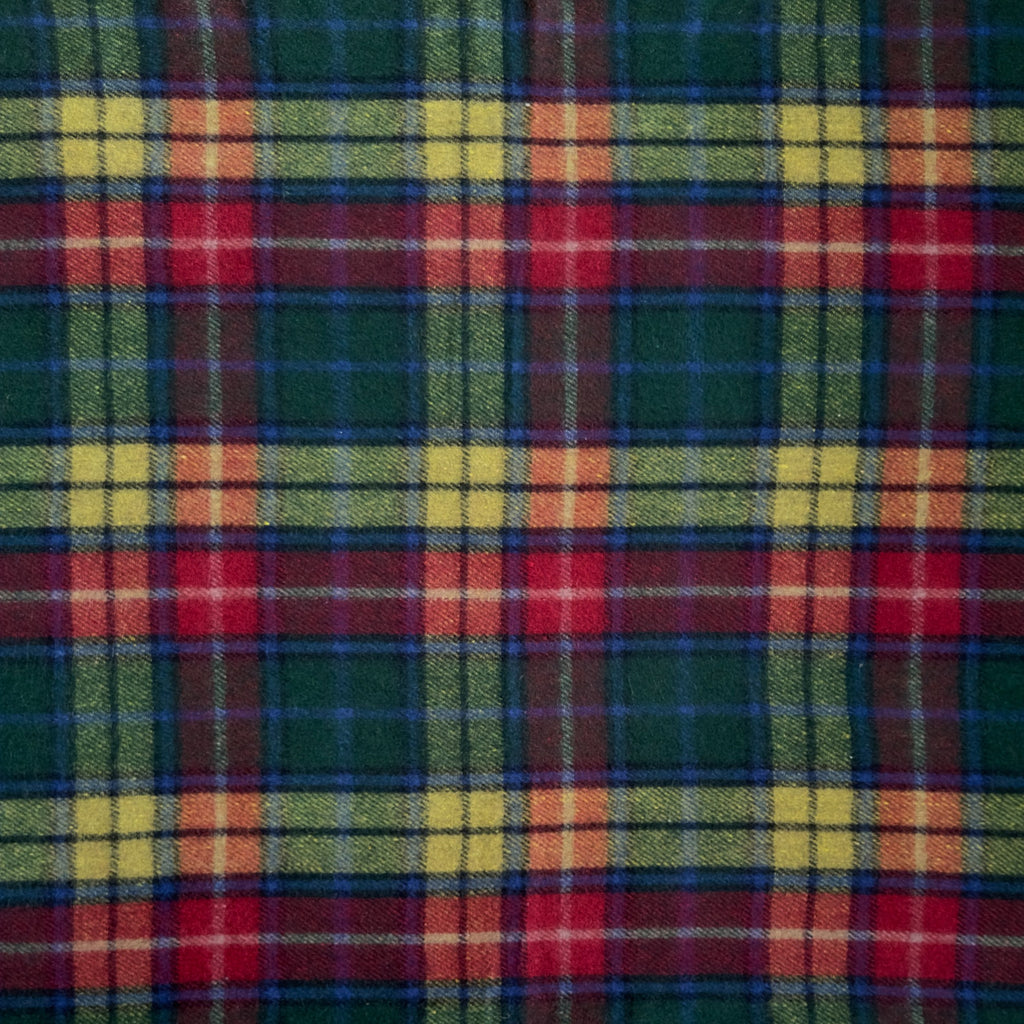 A close up example of the Buchanan Modern tartan. Buchanan Modern tartan has green, yellow, red and white stripes in a checkered pattern.