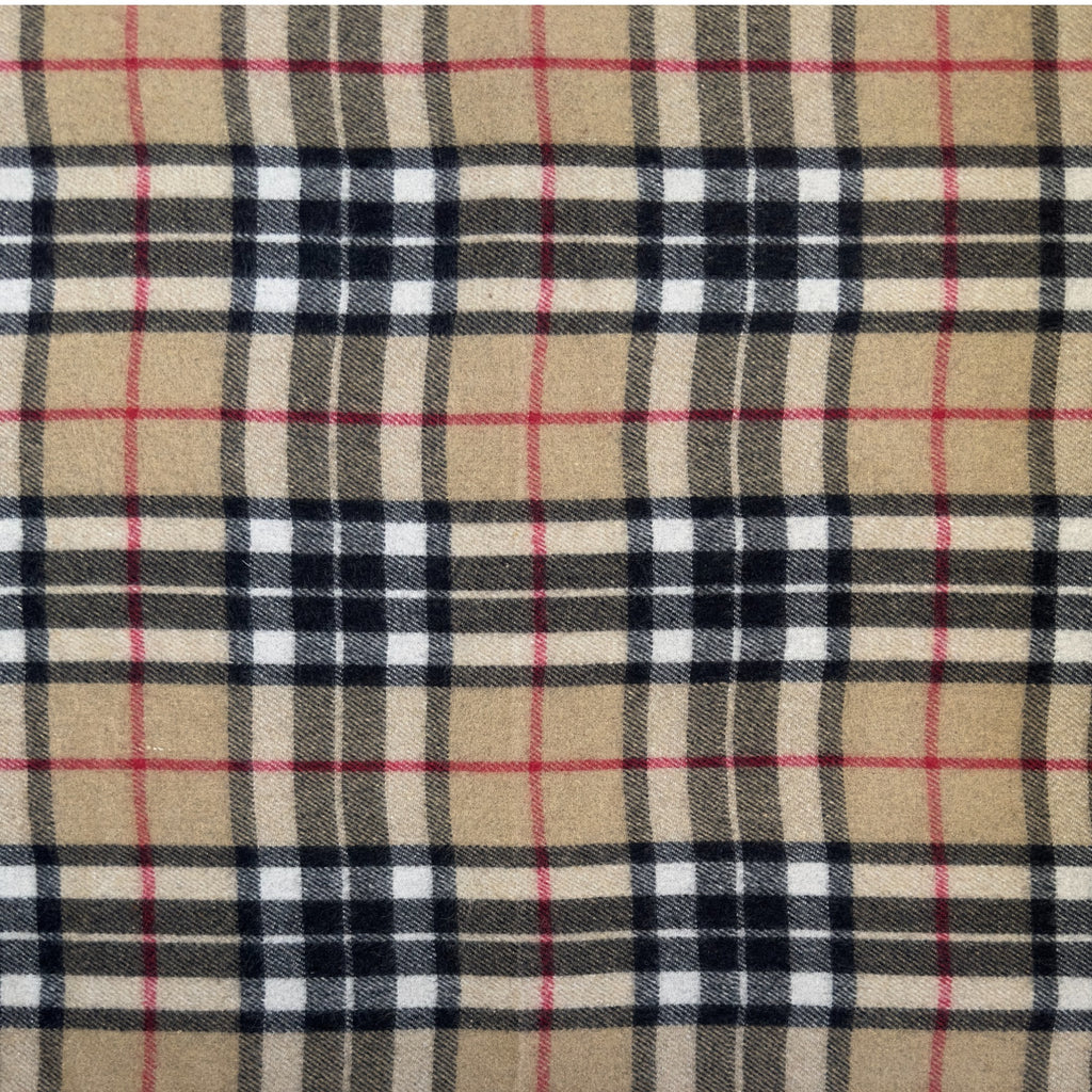 A close up of the Camel Thomson tartan, the Camel Thomson tartan has sand, black, white and red colors in a checkered pattern.
