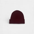 Maroon 100% cashmere beanie on a white background.