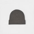 Brown/Grey ribbed beanie on a white background.