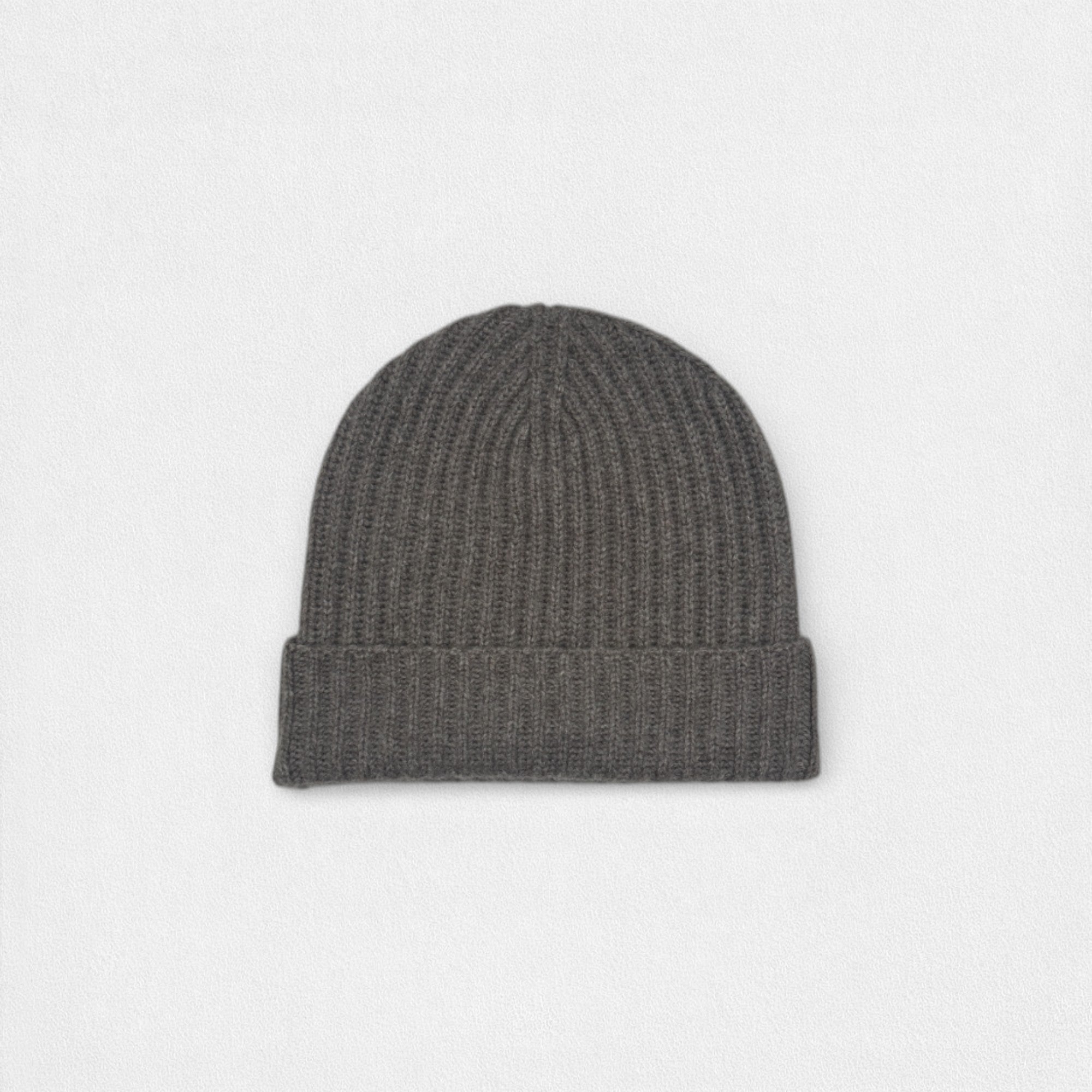 Brown/Grey ribbed beanie on a white background.