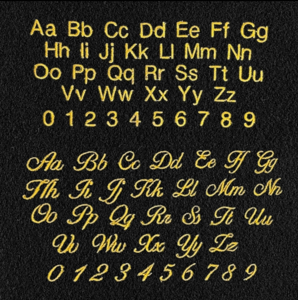 An embroidery font display, showing the two fonts we offer for embroidery. Ballantines script and helvetica