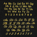 An embroidery font display, showing the two fonts we offer for embroidery. Ballantines script and helvetica