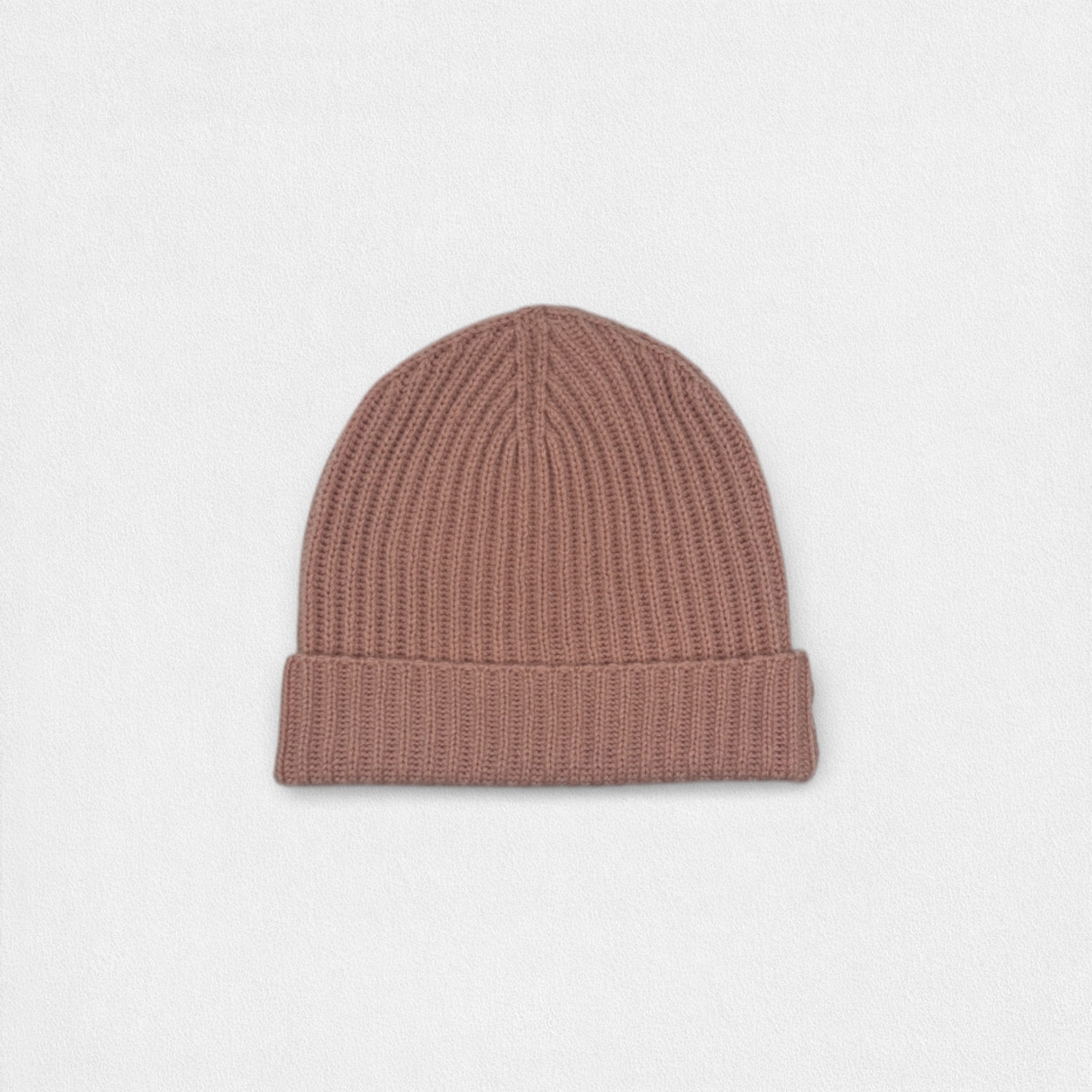 Dark Brown/Pink neutral tone ribbed cashmere beanie.