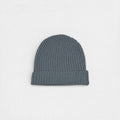 Neutral Grey tone 100% cashmere ribbed beanie on white background.