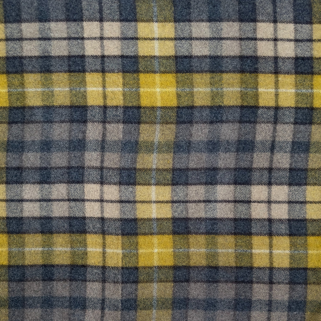 A close up of the Natural Buchanan tartan, Natural Buchanan has yellow, grey and cream tones in a checkered pattern.