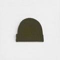 Olive green cashmere beanie on a white background.