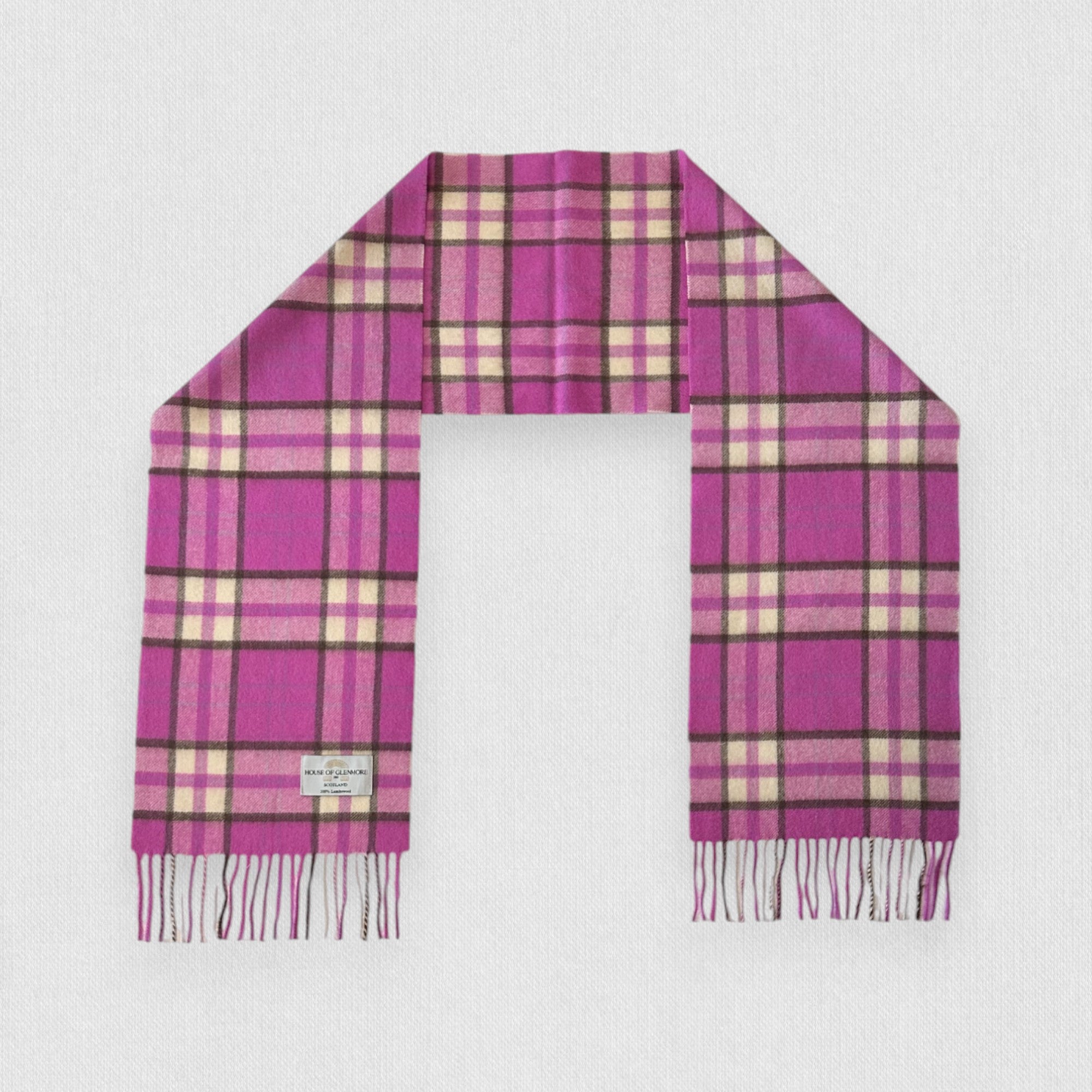 Purple and pink plaid scarf on a white background