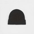 Deep dark brown ribbed cashmere beanie on a white background.