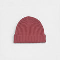 Rose Pink cashmere ribbed beanie on a white background.