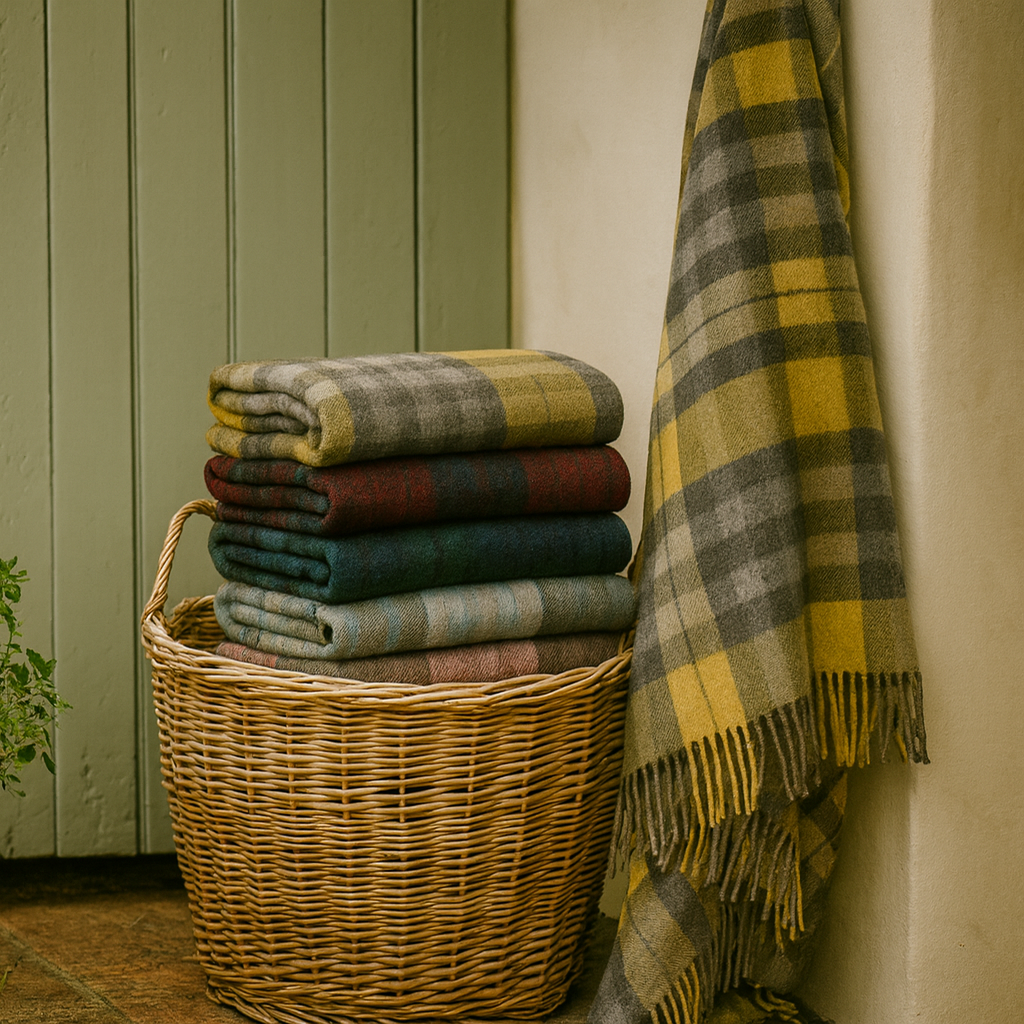 Stack of folded plaid blankets in a wicker basket against a wooden wall.