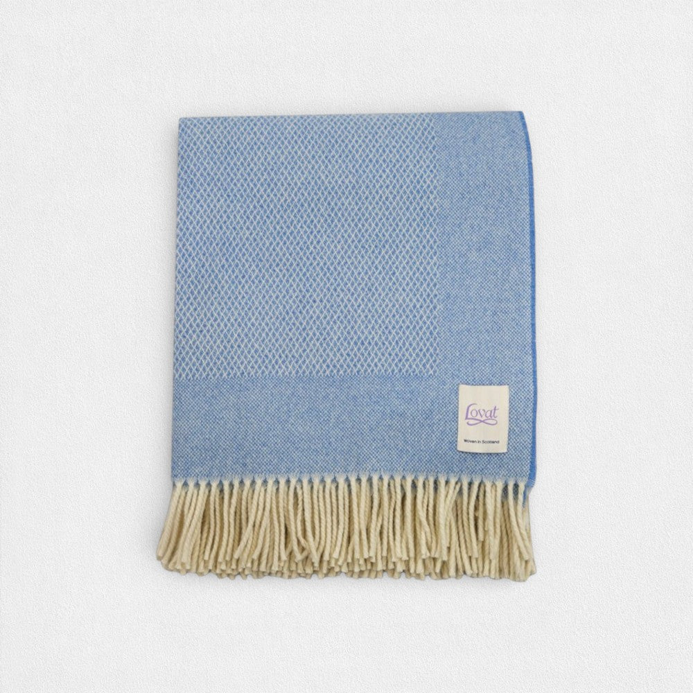 100% Lambswool Diamond Border Blanket - Sky Blue